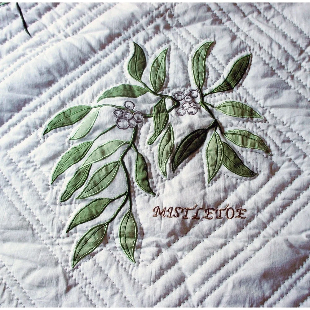 A Gorgeous Embroidered Christmas Evergreens Quilt with Mistletoe and Holly 60x50